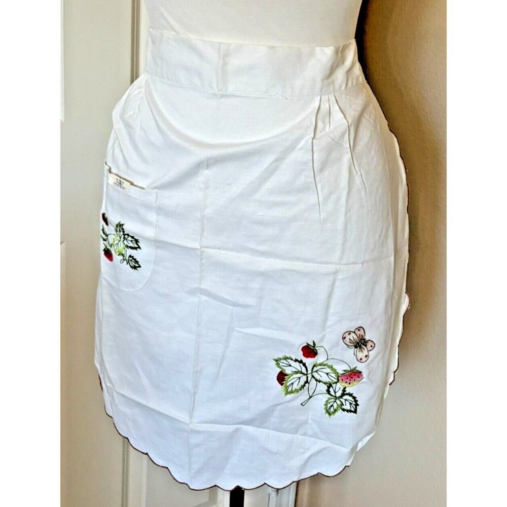 Vintage Venetian Embroidered Floral Half Apron w/ Pocket White Butterfly Venice